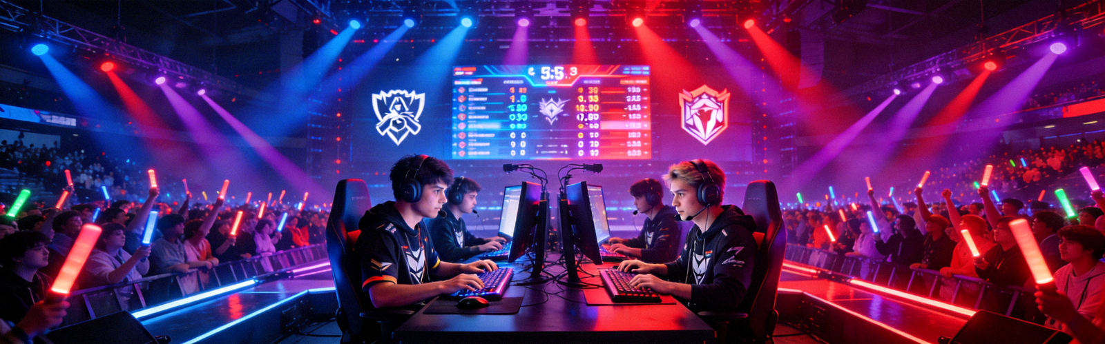 电竞比赛现场盛况 - 选手专注操作，舞台灯光炫酷